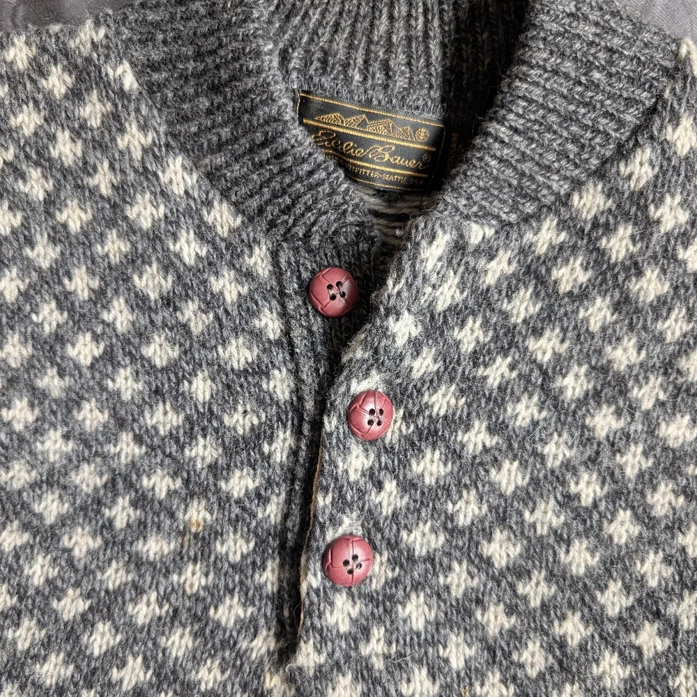 📼🐑Vintage Eddie Bauer Birds Eye Knit Crewneck Henley Sweater - Medium - Picture 2 of 12